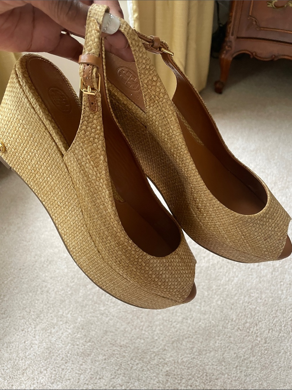 Tory Burch Tan Woven Peep-Toe Wedge Slingbacks